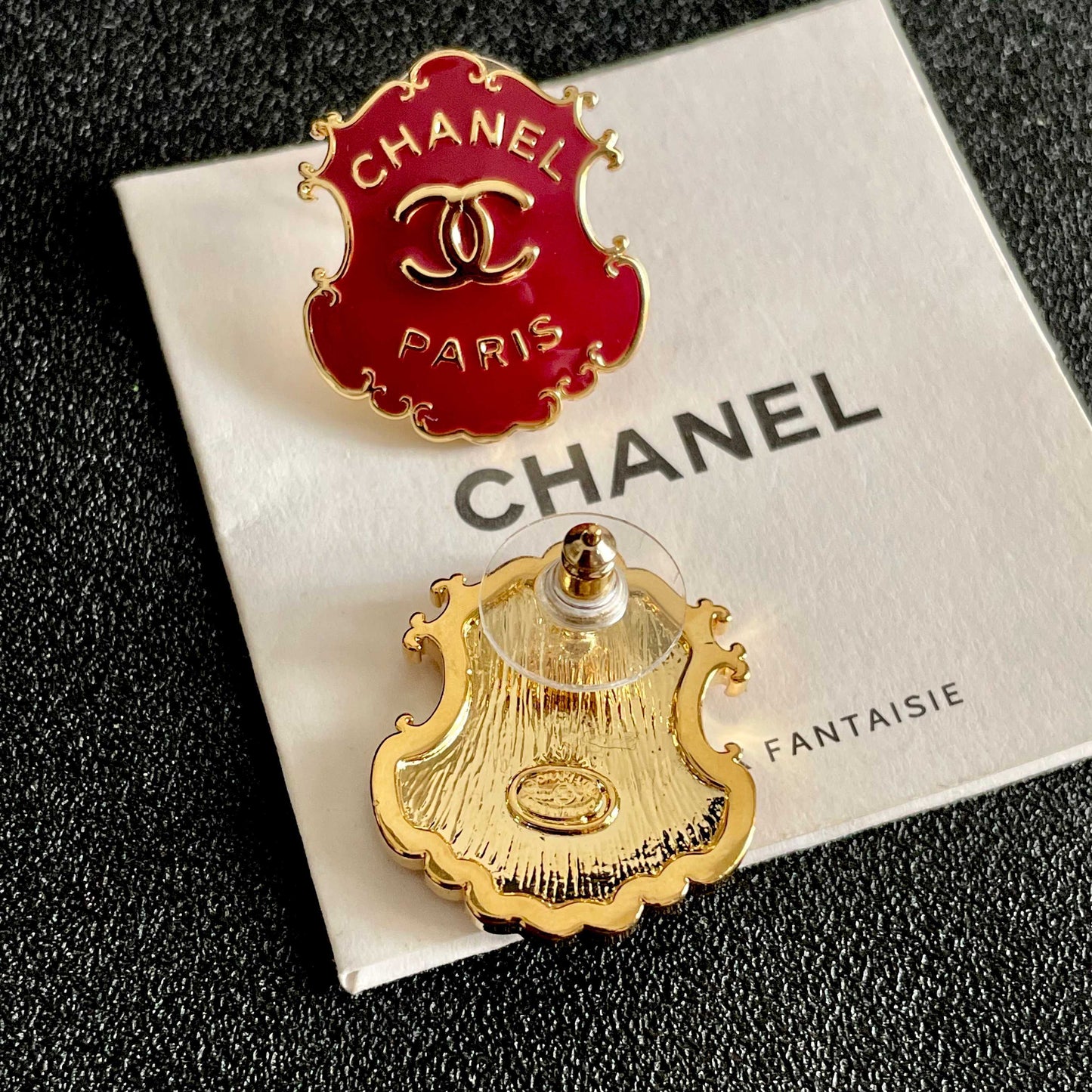Double-C Emblem Stud Earrings in Polished Metal-Tone – Design 005 main product view