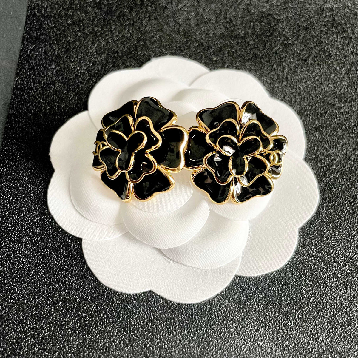 Camellia Stud Earrings in Polished Metal-Tone – Camellia Detail – Design 002 front product view