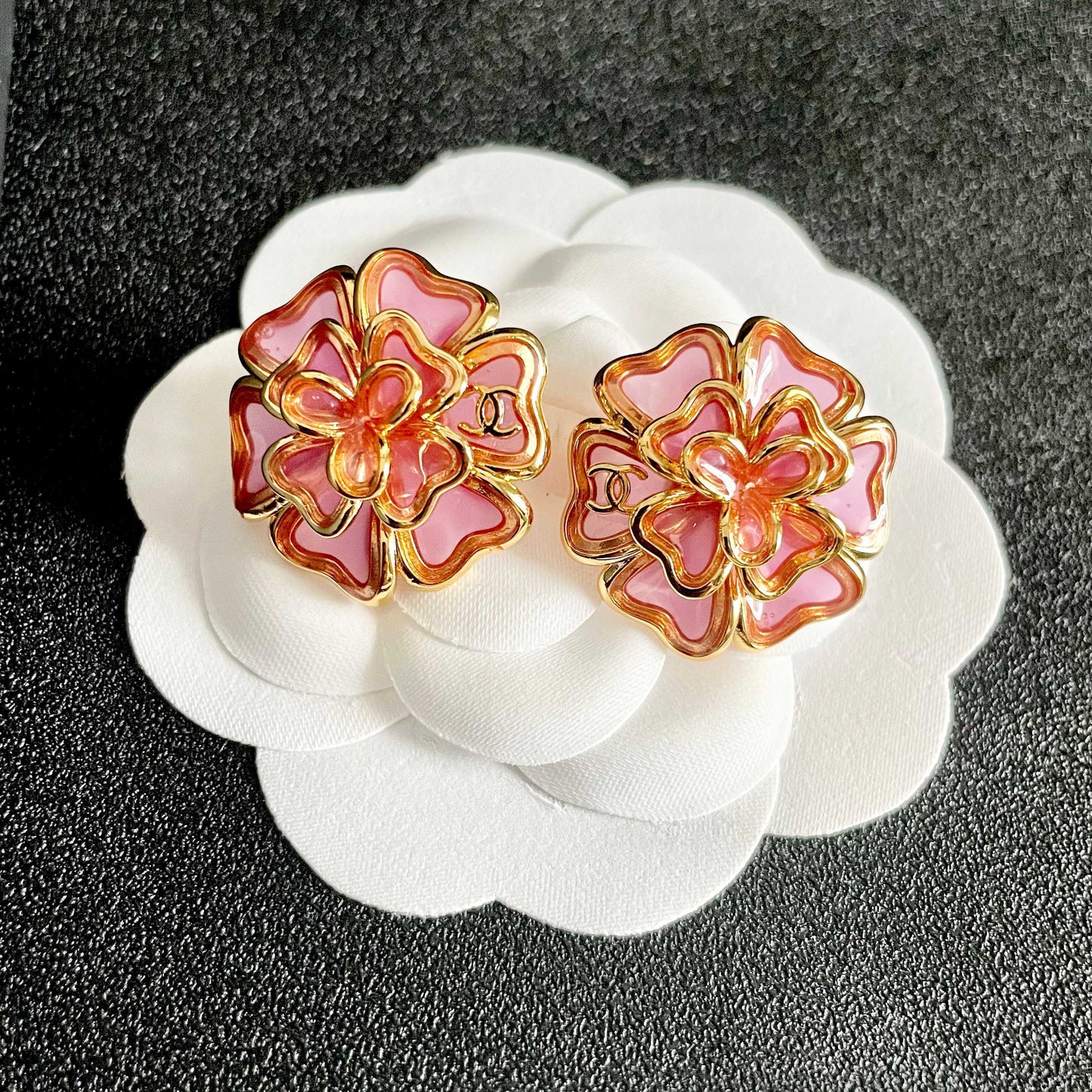 Camellia Stud Earrings in Polished Metal-Tone – Camellia Detail front product view