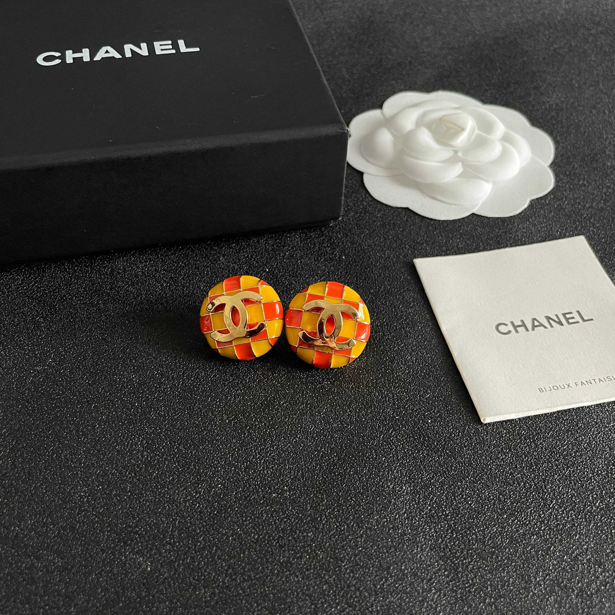 Double-C Emblem Stud Earrings in Polished Metal-Tone – Checkerboard – Design 002 styled product view