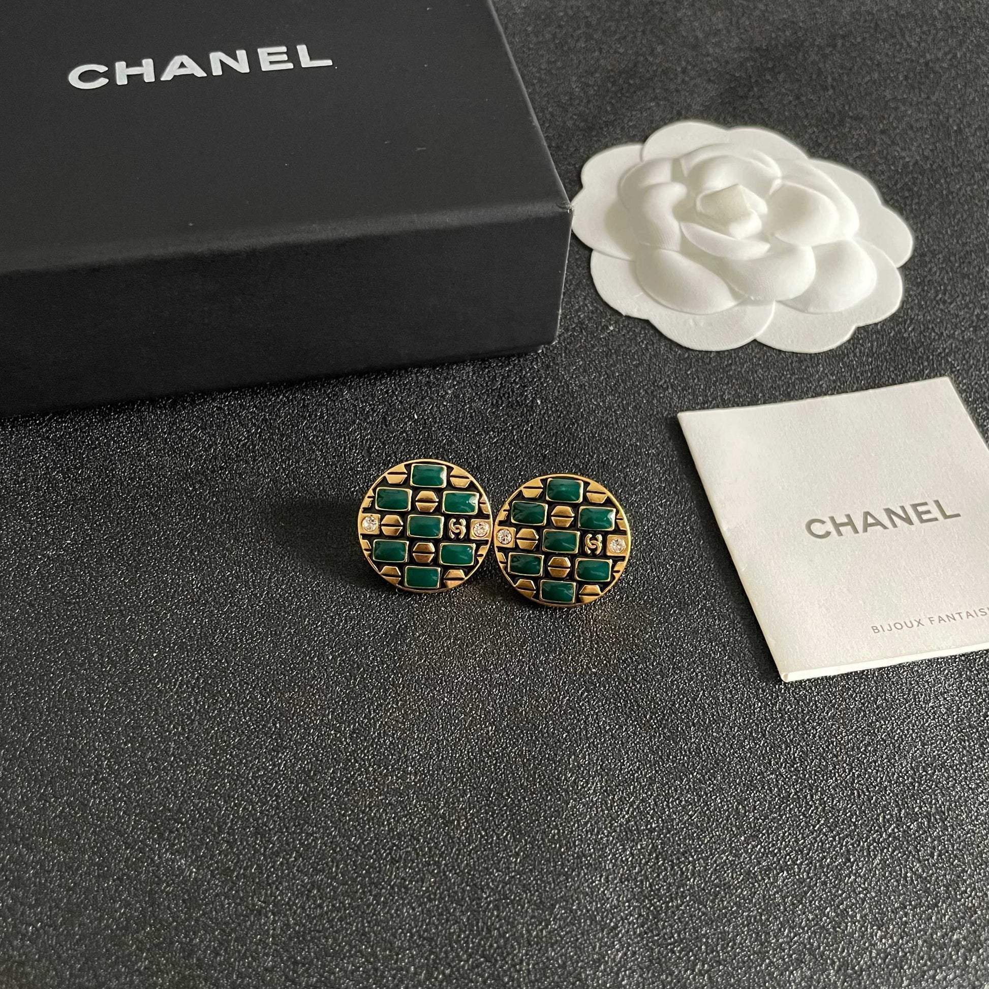 Double-C Emblem Stud Earrings in Polished Metal-Tone – Design 001 styled product view