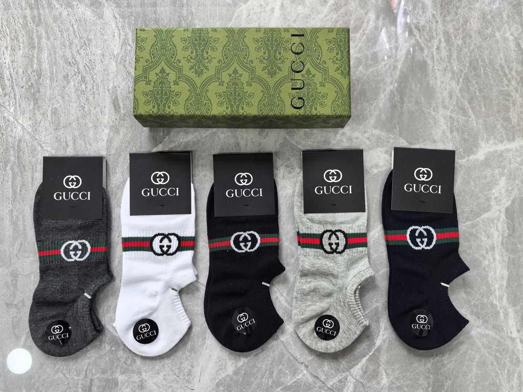 Gucci Cotton Visible Cuff, Colour And Emblem Details No-Show Socks - 5-Pair Set