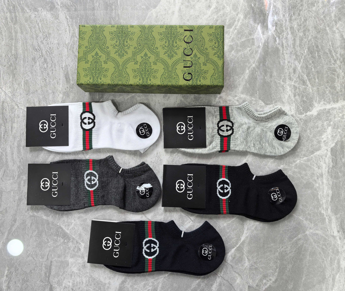 Gucci Cotton Visible Cuff, Colour And Emblem Details No-Show Socks - 5-Pair Set