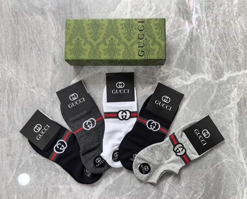 Gucci Cotton Visible Cuff, Colour And Emblem Details No-Show Socks - 5-Pair Set