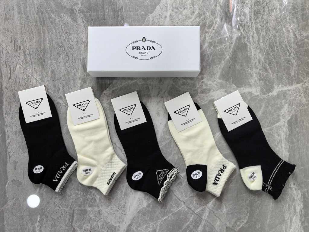 Prada Cotton Visible Cuff, Colour And Emblem Details No-Show Socks - 5-Pair Set