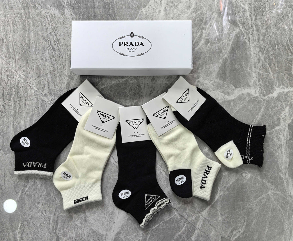 Prada Cotton Visible Cuff, Colour And Emblem Details No-Show Socks - 5-Pair Set