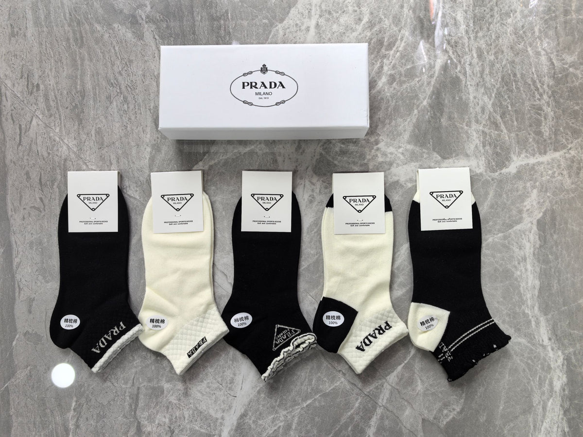 Prada Cotton Visible Cuff, Colour And Emblem Details No-Show Socks - 5-Pair Set