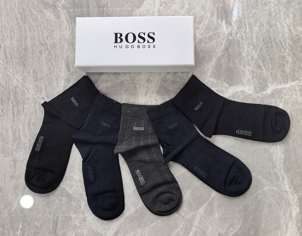 Boss Modal Simple Contrast Branding Mid-Calf Socks - 5-Pair Set