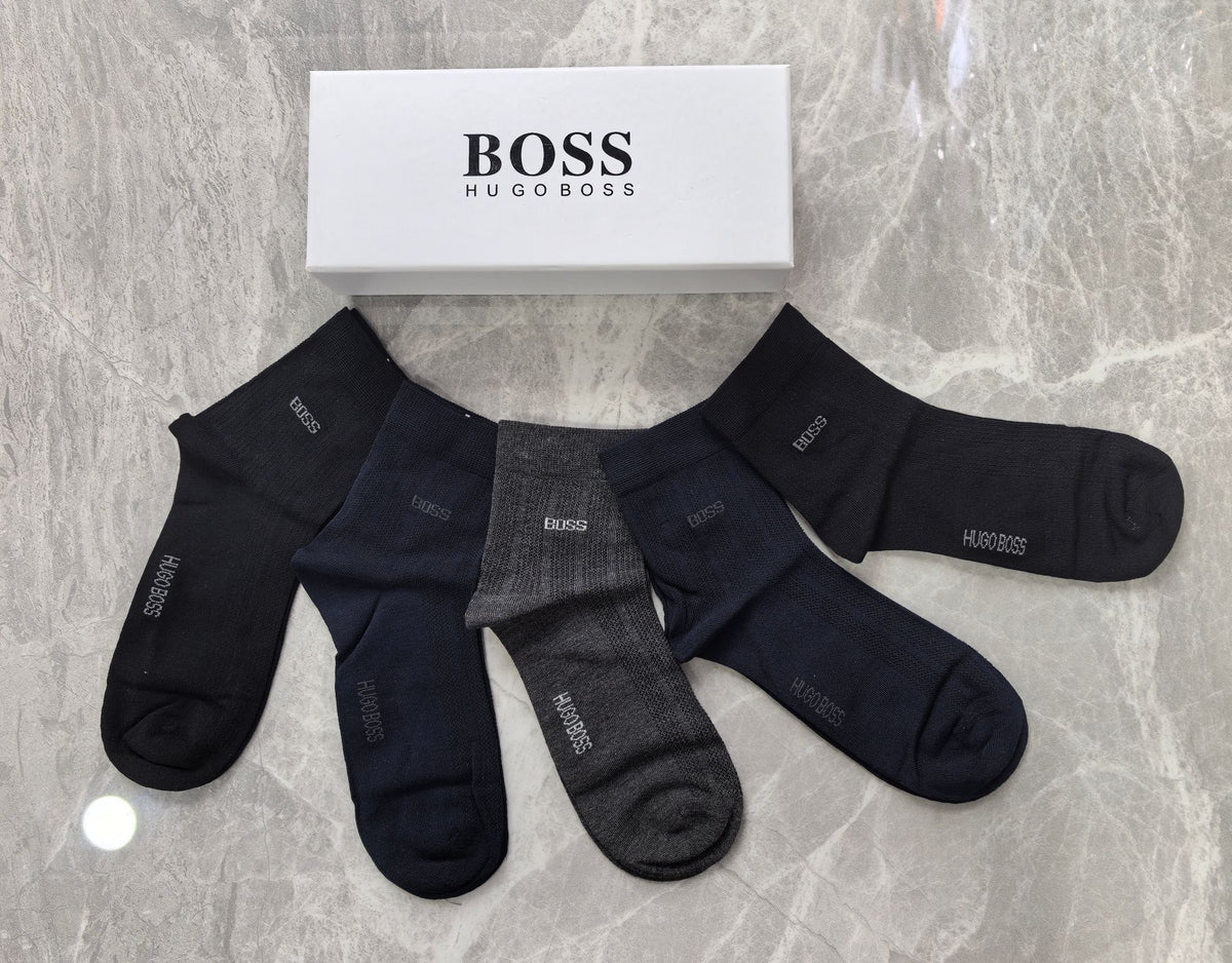 Boss Modal Simple Contrast Branding Mid-Calf Socks - 5-Pair Set