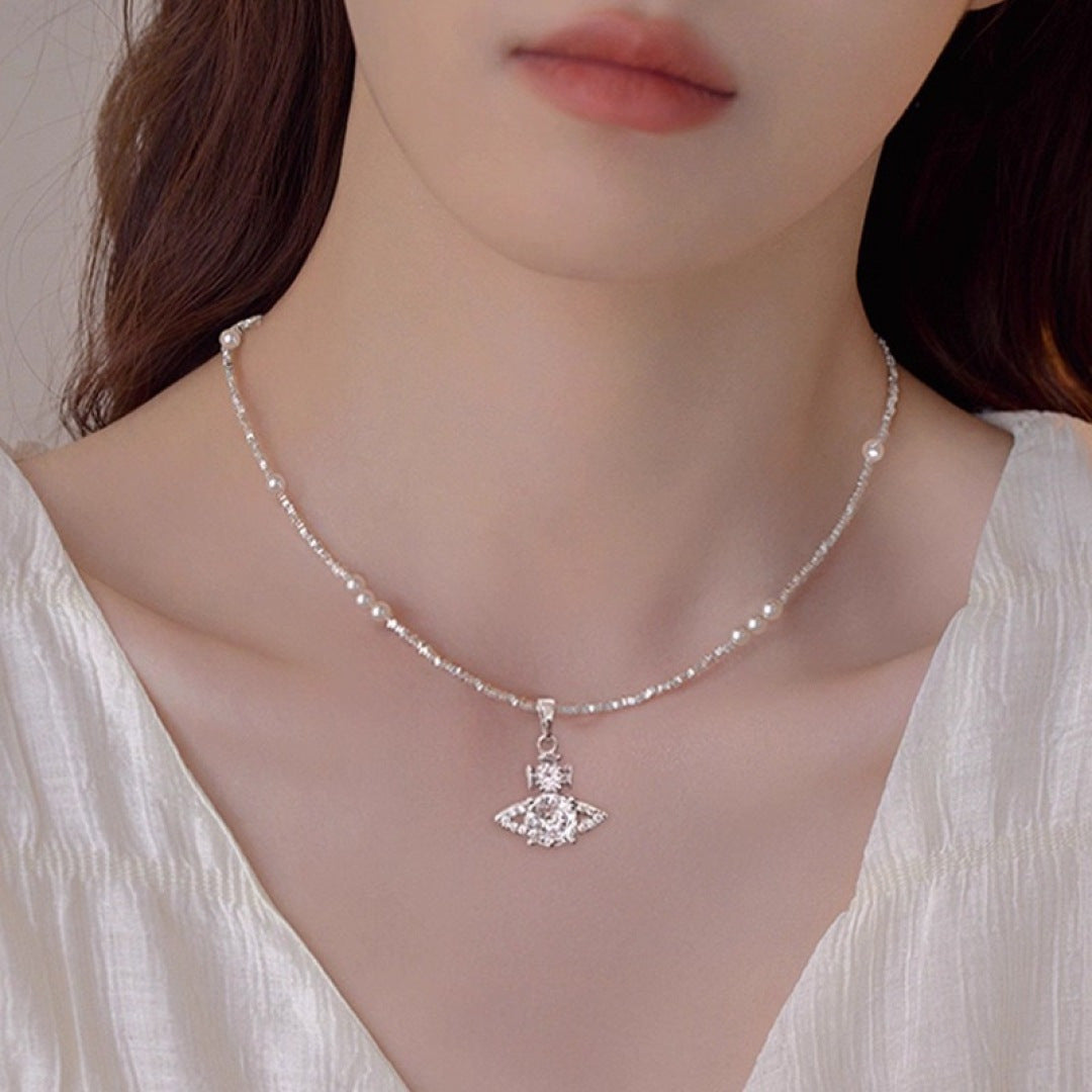 Orb Pendant Necklace in Polished Metal-Tone – Pearl Detail front product view