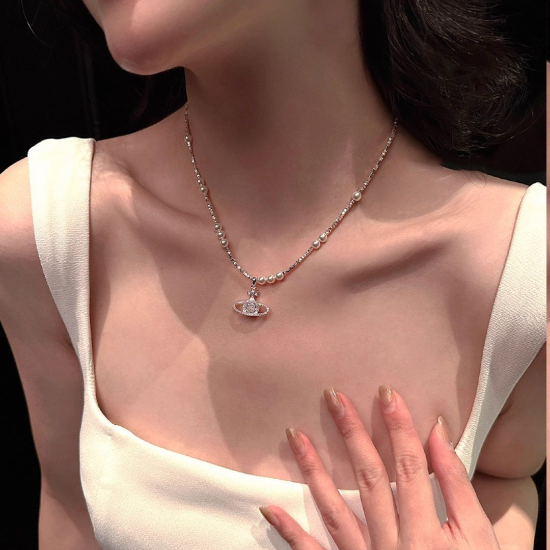 Orb Pendant Necklace in Polished Metal-Tone – Pearl Detail detail view