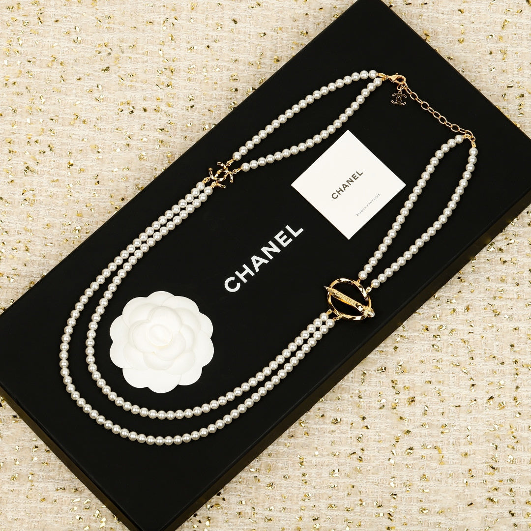 Double-C Emblem Pearl-Detail Pendant Necklace – Pearl Detail – Design 014 main product view