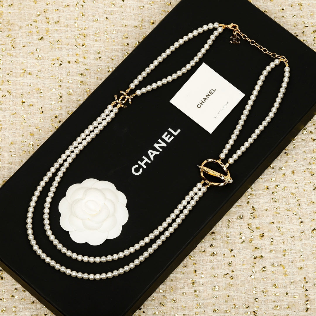 Double-C Emblem Pearl-Detail Pendant Necklace – Pearl Detail – Design 014 front product view