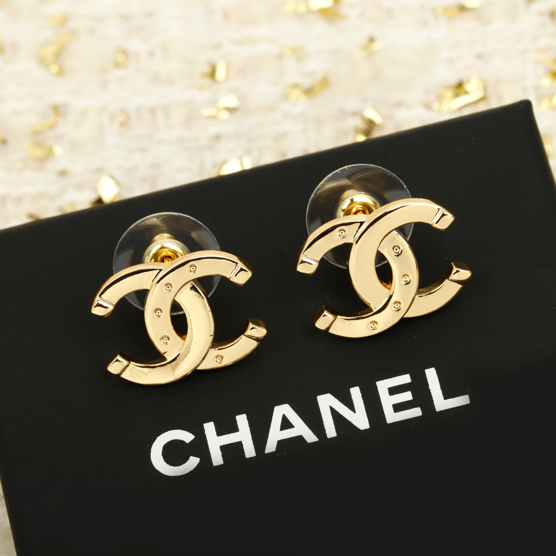 Double-C Emblem Stud Earrings in Gold-Tone – Design 016 styled product view