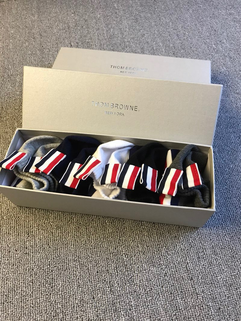 Thom Browne Cotton Red-White-Blue Stripe Details No-Show Socks - 5-Pair Set