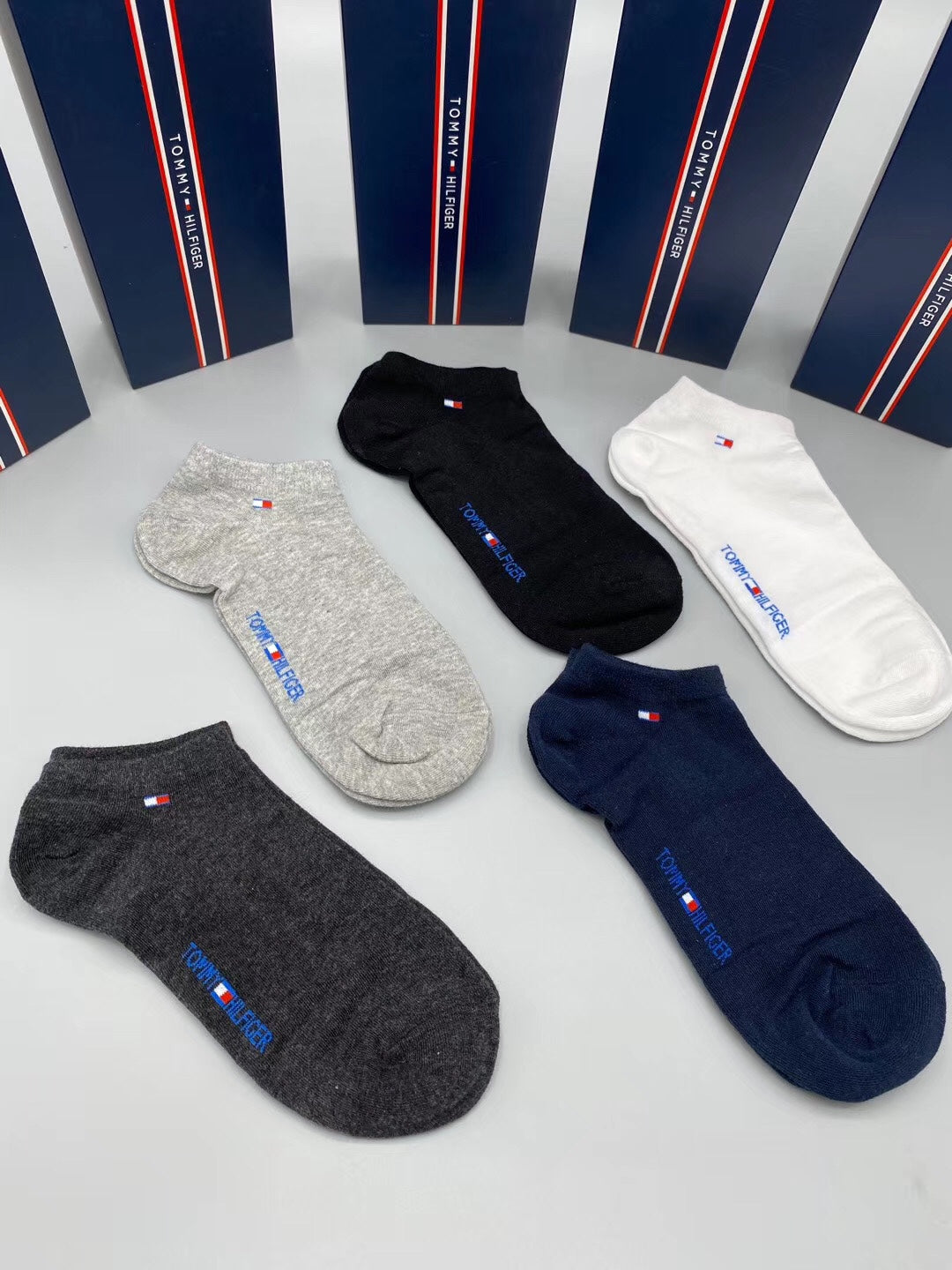 Tommy Hilfiger Cotton Visible Cuff, Colour And Emblem Details No-Show Socks - 5-Pair Set