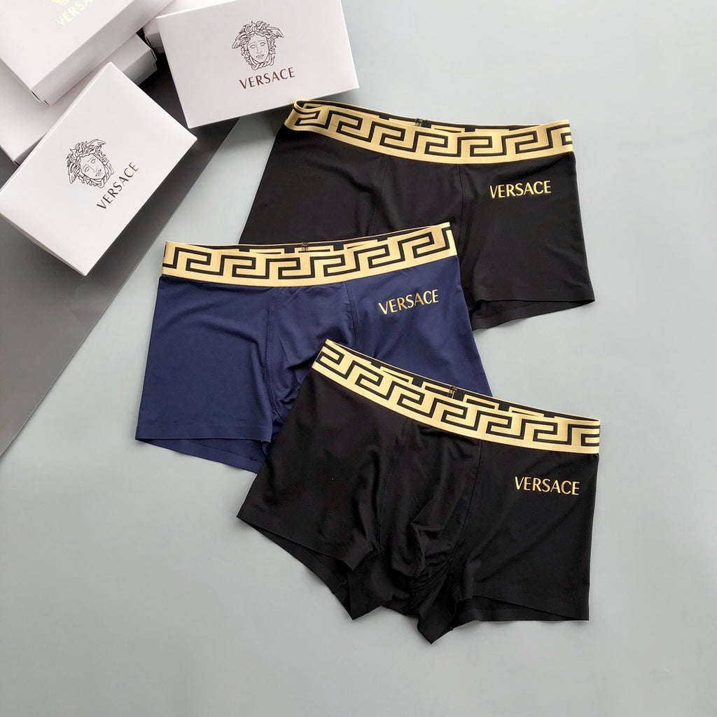 Versace Greek-Key Waistbands And Gold Lettering Men's Boxer Briefs - 3-Piece Box