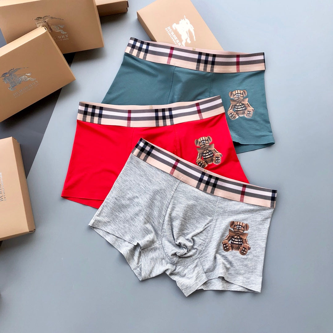 Burberry Red Grey Teddy Applique Boxer Briefs 3-Piece Box