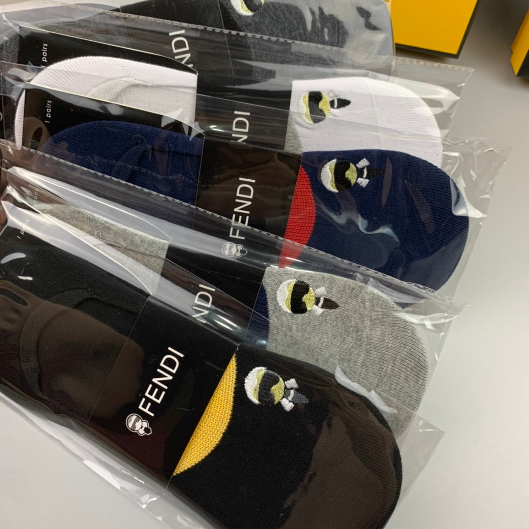 Fendi Cotton Visible Colour, Cuff And Emblem Details No-Show Socks - 5-Pair Set