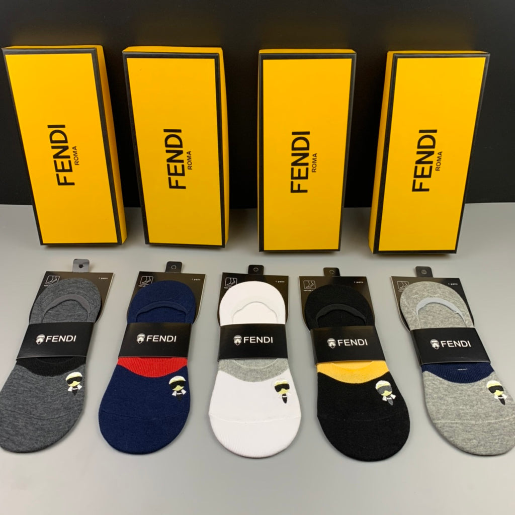 Fendi Cotton Visible Colour, Cuff And Emblem Details No-Show Socks - 5-Pair Set