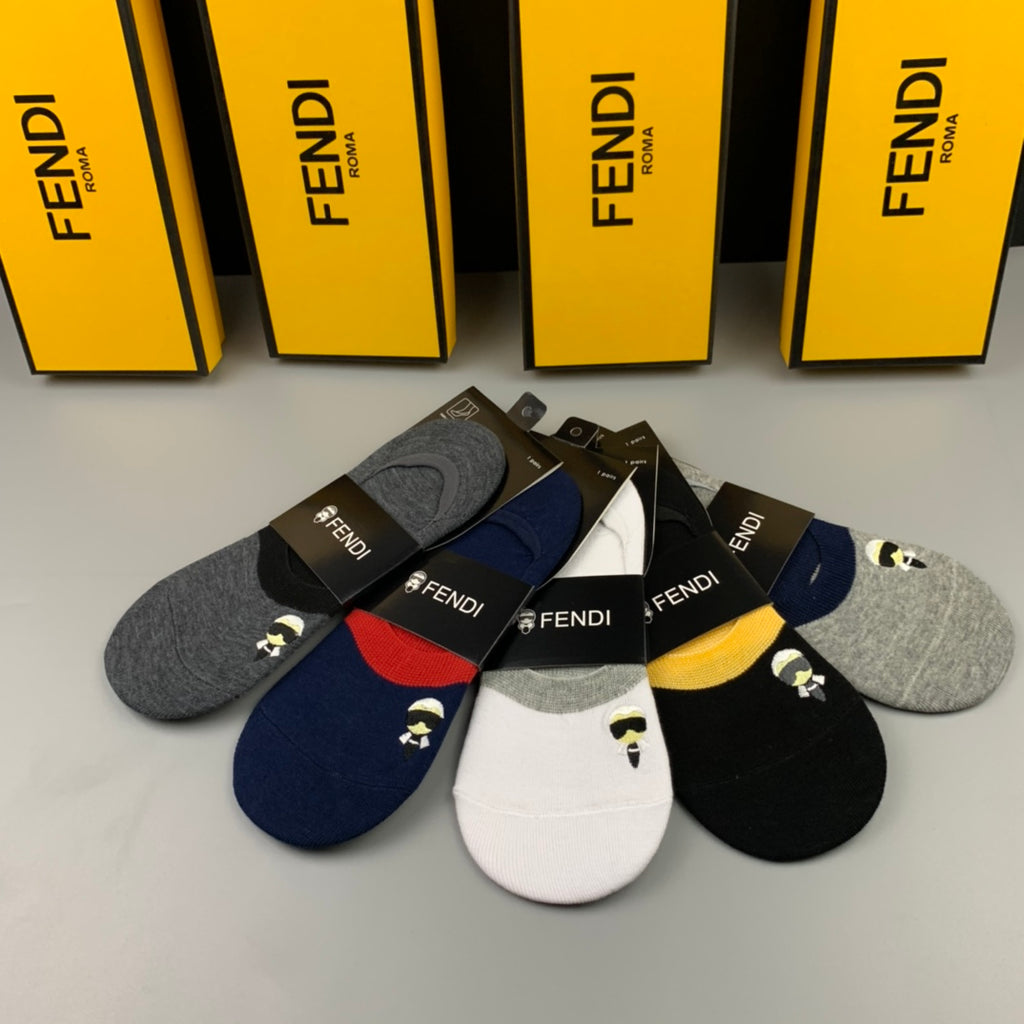 Fendi Cotton Visible Colour, Cuff And Emblem Details No-Show Socks - 5-Pair Set