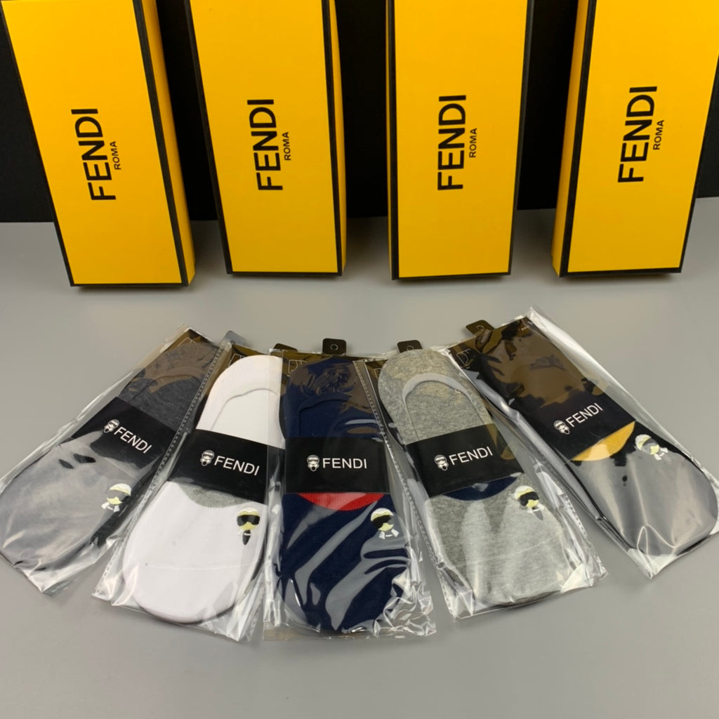 Fendi Cotton Visible Colour, Cuff And Emblem Details No-Show Socks - 5-Pair Set