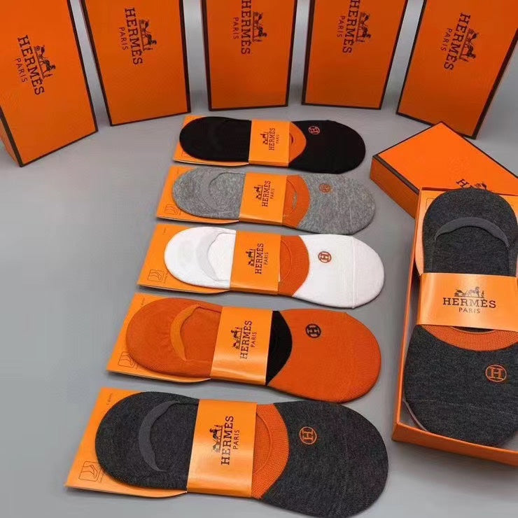 Hermes Cotton Visible Colour, Cuff And Emblem Details No-Show Socks - 5-Pair Set
