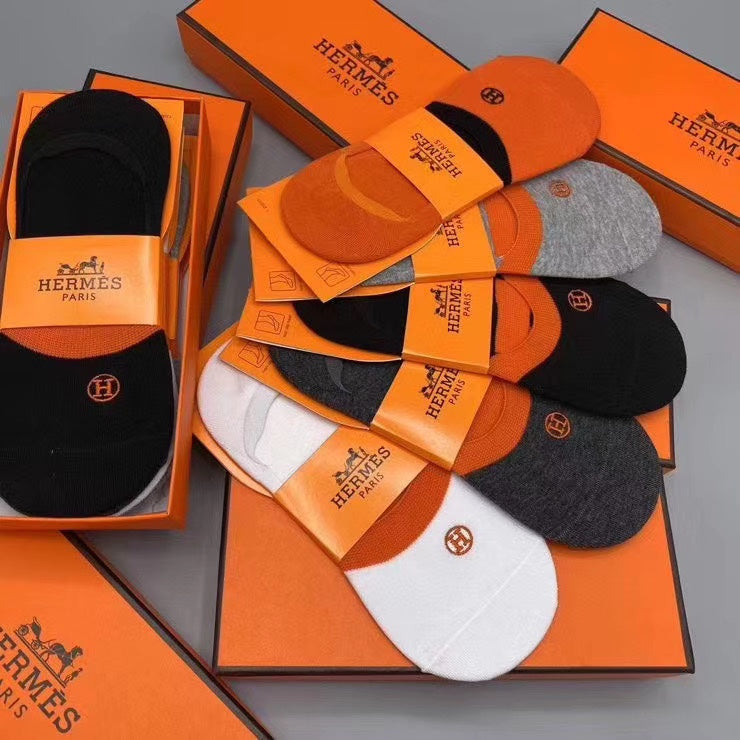 Hermes Cotton Visible Colour, Cuff And Emblem Details No-Show Socks - 5-Pair Set