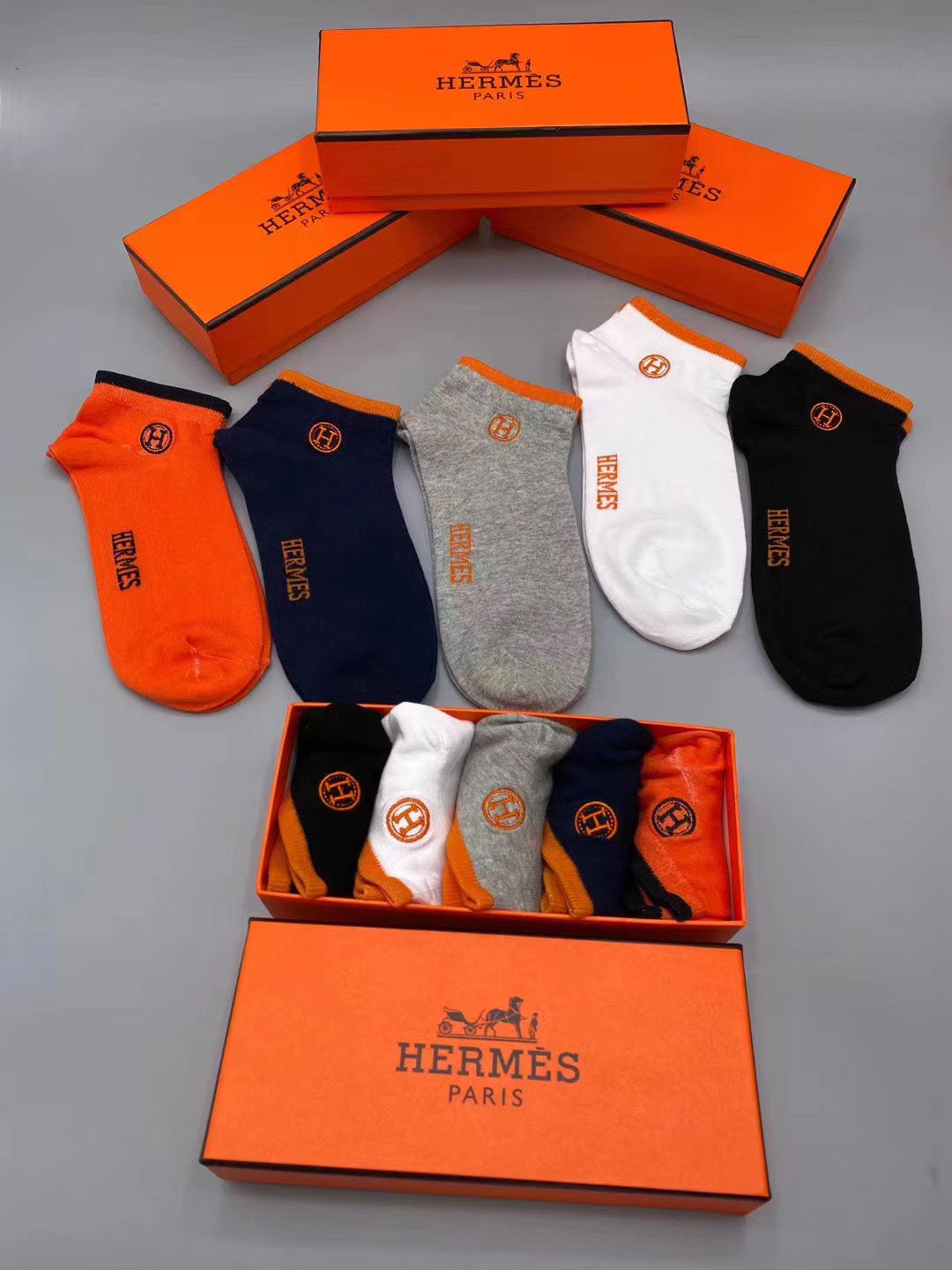 Hermes Cotton Visible Colour, Cuff And Emblem Details No-Show Socks - 5-Pair Set