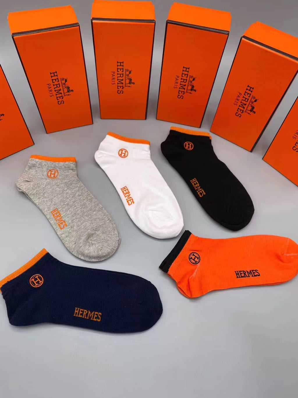 Hermes Cotton Visible Colour, Cuff And Emblem Details No-Show Socks - 5-Pair Set