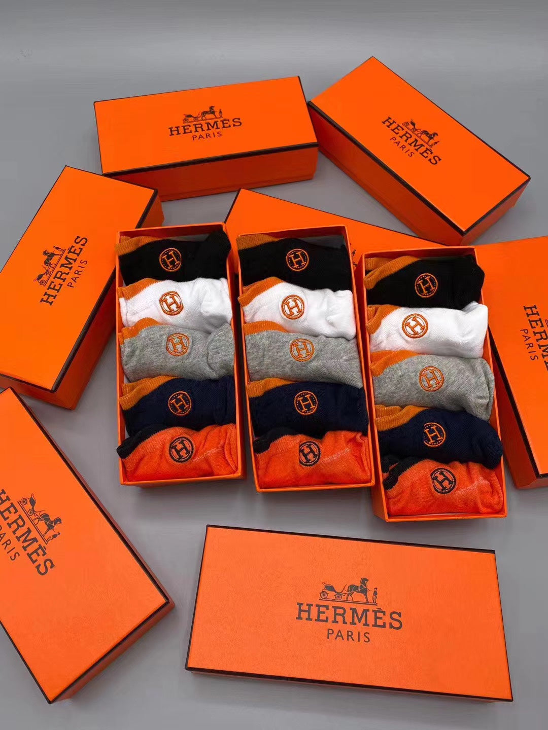 Hermes Cotton Visible Colour, Cuff And Emblem Details No-Show Socks - 5-Pair Set