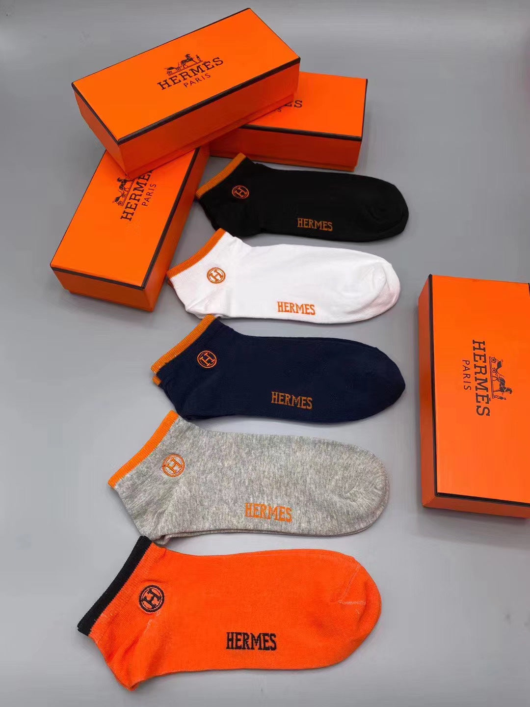 Hermes Cotton Visible Colour, Cuff And Emblem Details No-Show Socks - 5-Pair Set