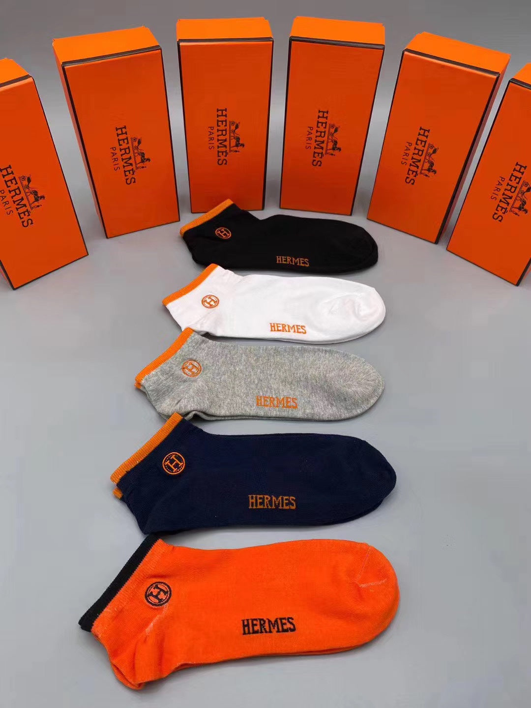 Hermes Cotton Visible Colour, Cuff And Emblem Details No-Show Socks - 5-Pair Set