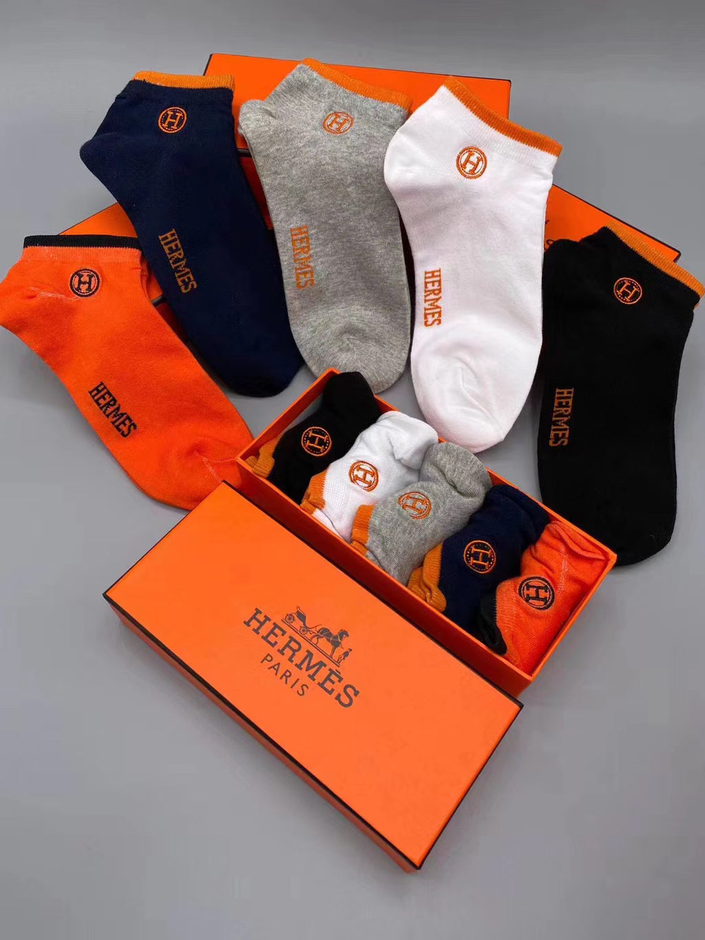 Hermes Cotton Visible Colour, Cuff And Emblem Details No-Show Socks - 5-Pair Set