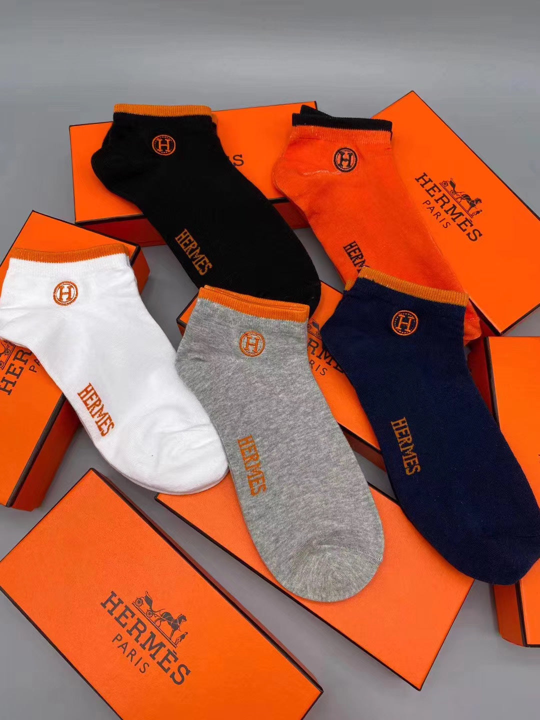Hermes Cotton Visible Colour, Cuff And Emblem Details No-Show Socks - 5-Pair Set