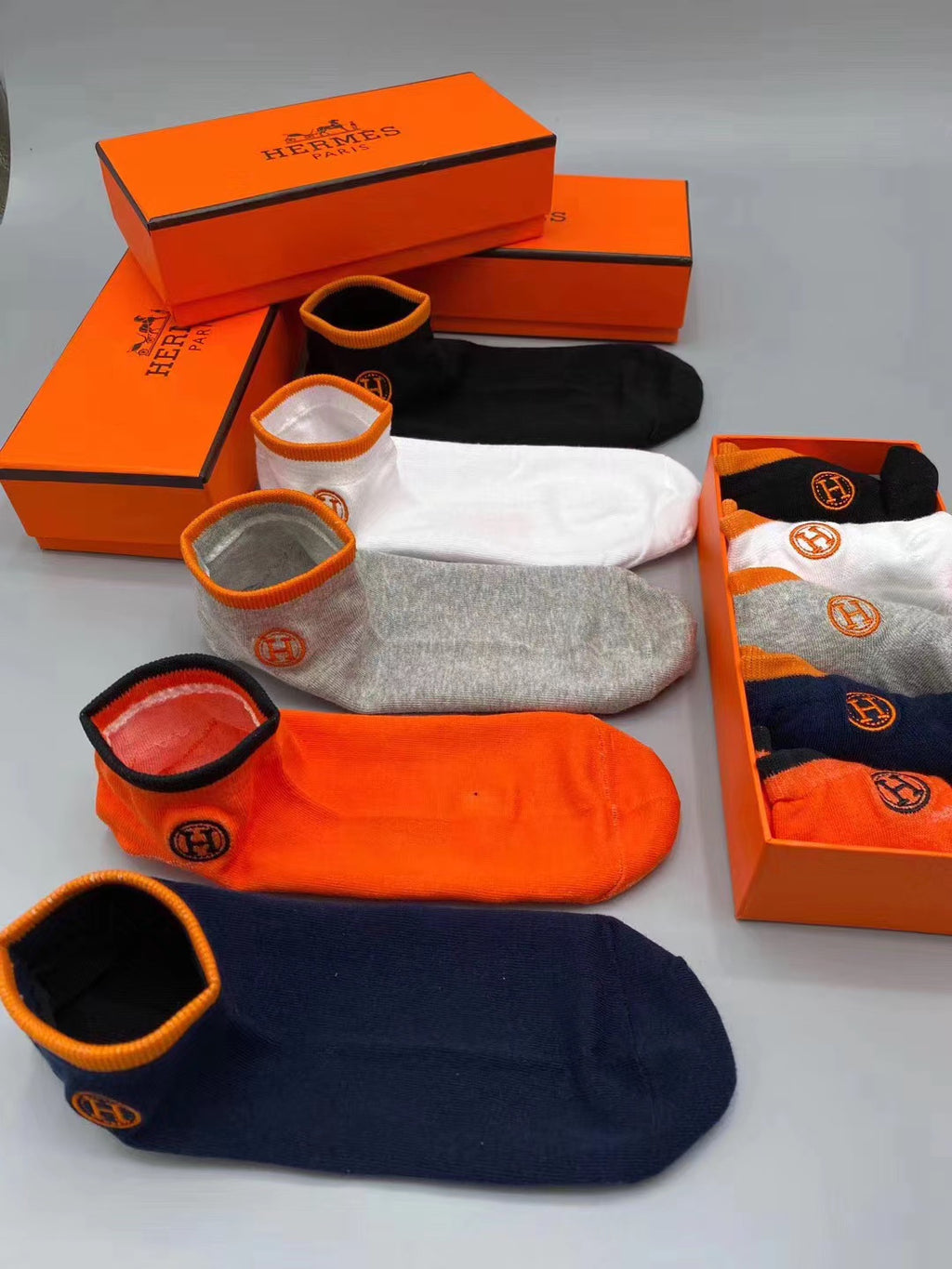 Hermes Cotton Visible Colour, Cuff And Emblem Details No-Show Socks - 5-Pair Set