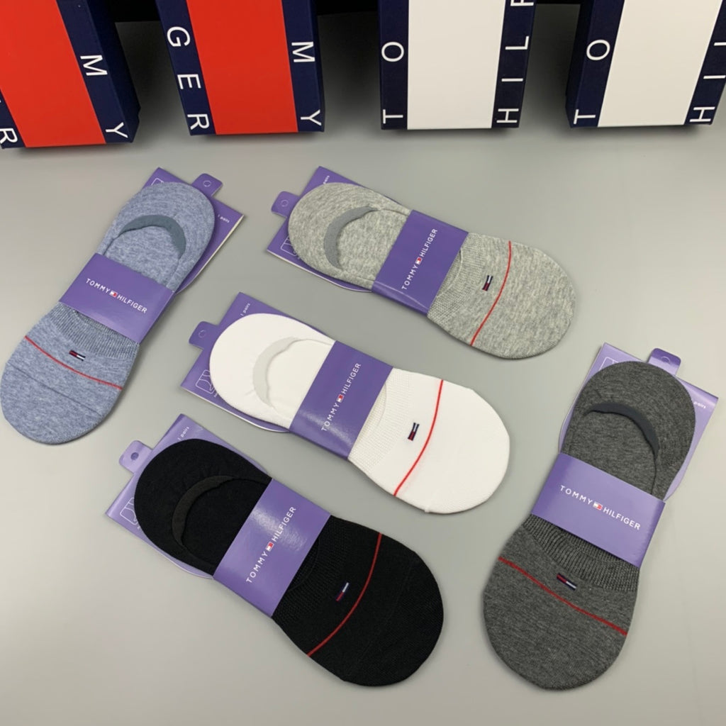 Tommy Hilfiger Cotton Visible Colour, Cuff And Emblem Details No-Show Socks - 5-Pair Set