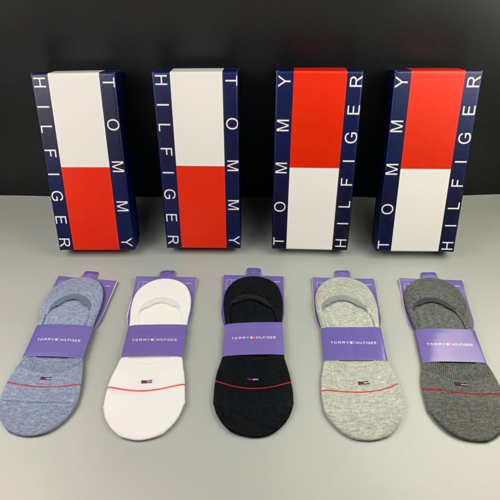 Tommy Hilfiger Cotton Visible Colour, Cuff And Emblem Details No-Show Socks - 5-Pair Set