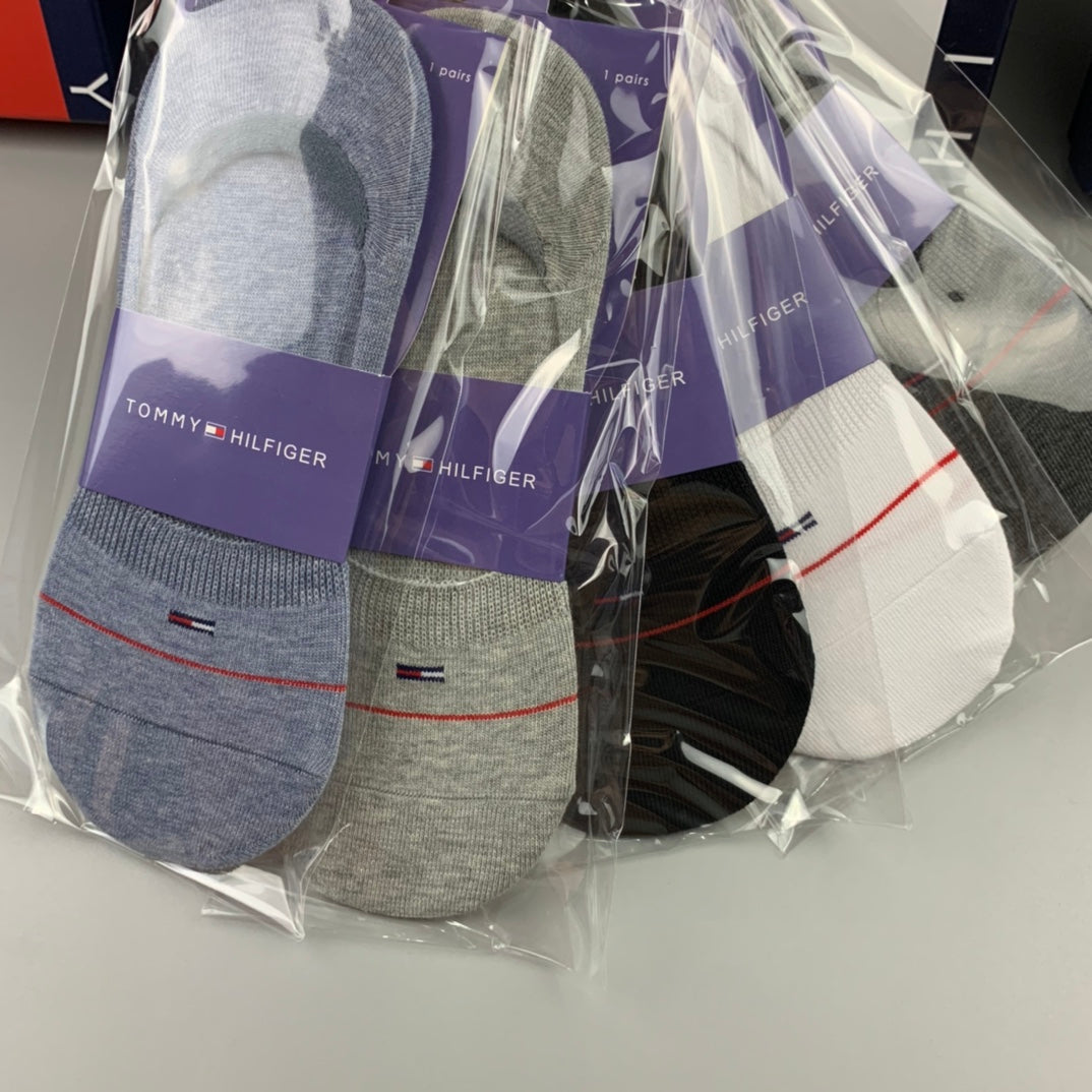 Tommy Hilfiger Cotton Visible Colour, Cuff And Emblem Details No-Show Socks - 5-Pair Set