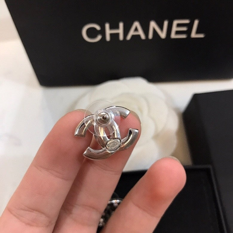Double-C Emblem Stud Earrings in Polished Metal-Tone – Design 393 front product view
