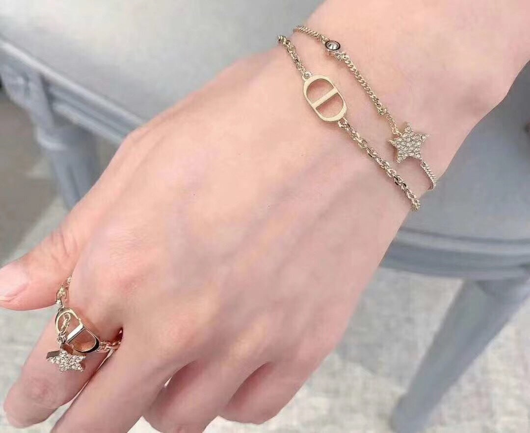 Star Motif Statement Bracelet in Polished Metal-Tone – Design 002 front view