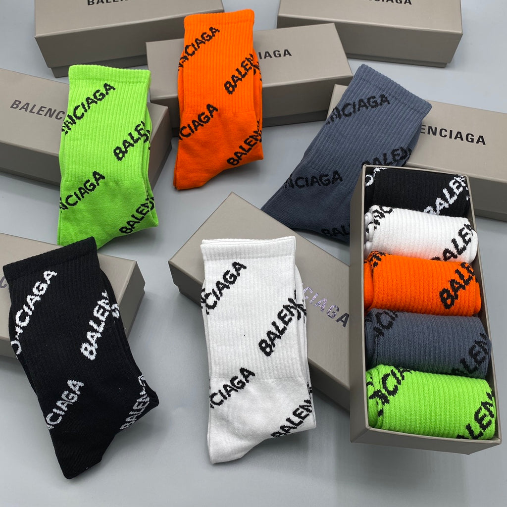 Balenciaga Cotton Visible Cuff, Colour And Emblem Details Crew Socks - 5-Pair Set