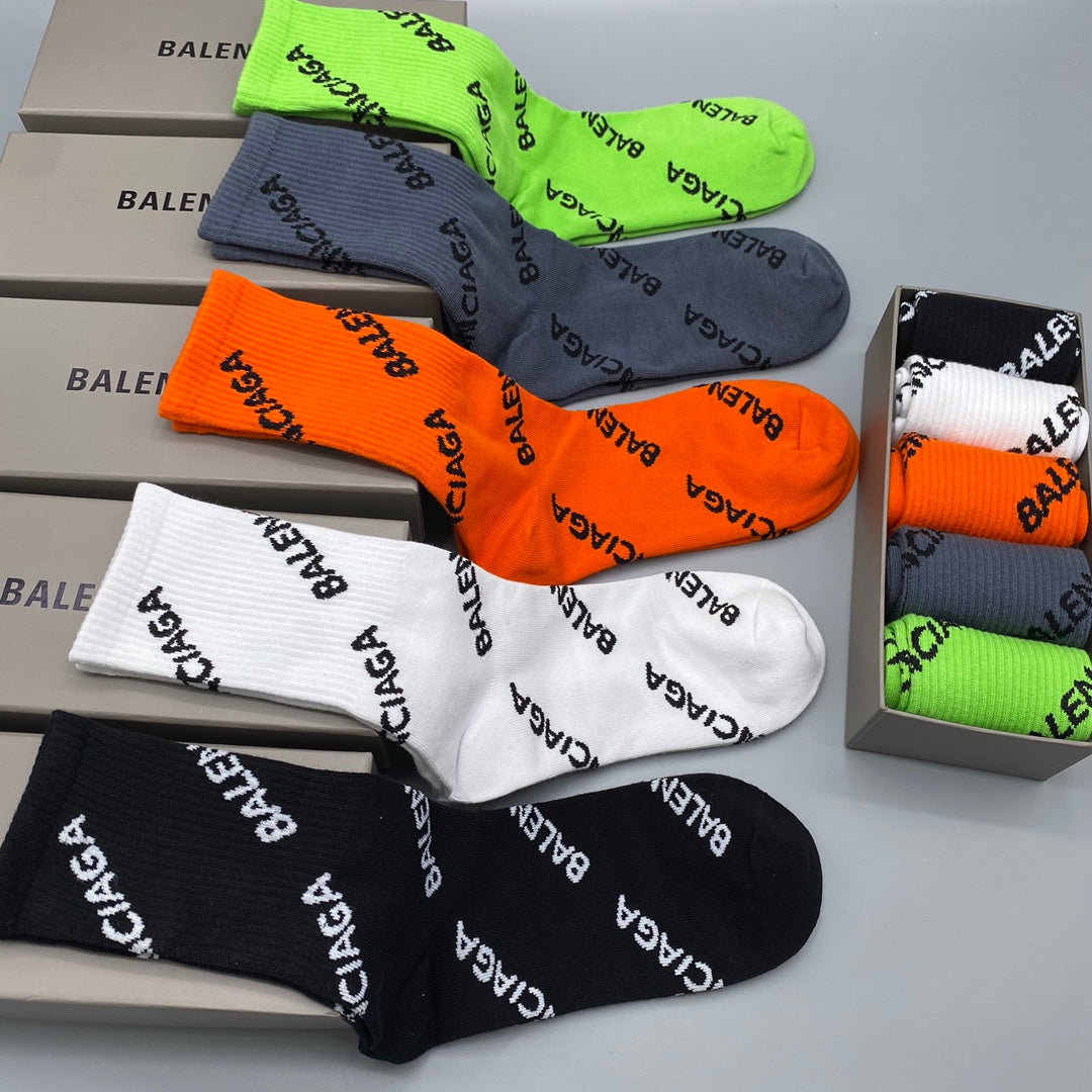 Balenciaga Crew Socks - Black, White, Orange, Green and Grey 5-Pair Box