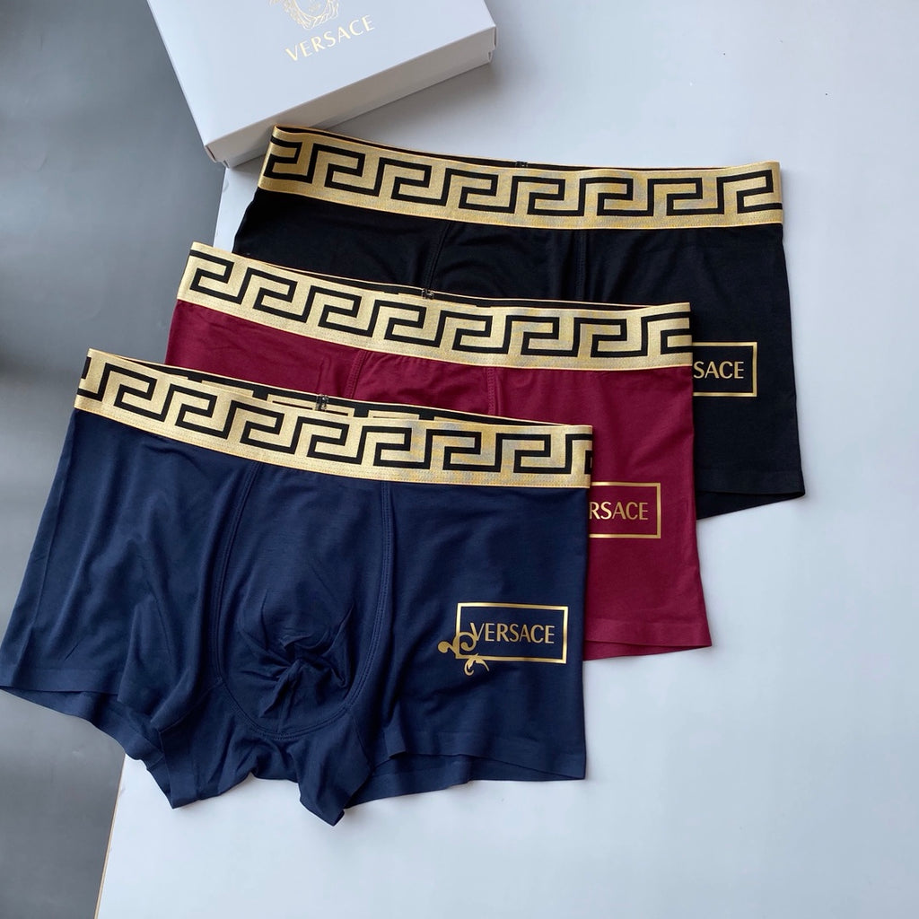 Versace Navy Burgundy Greek-Key Boxer Briefs 3-Piece Box