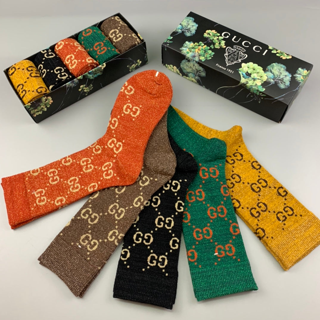 Gucci Monogram-Style Patterns Crew Socks - 5-Pair Set