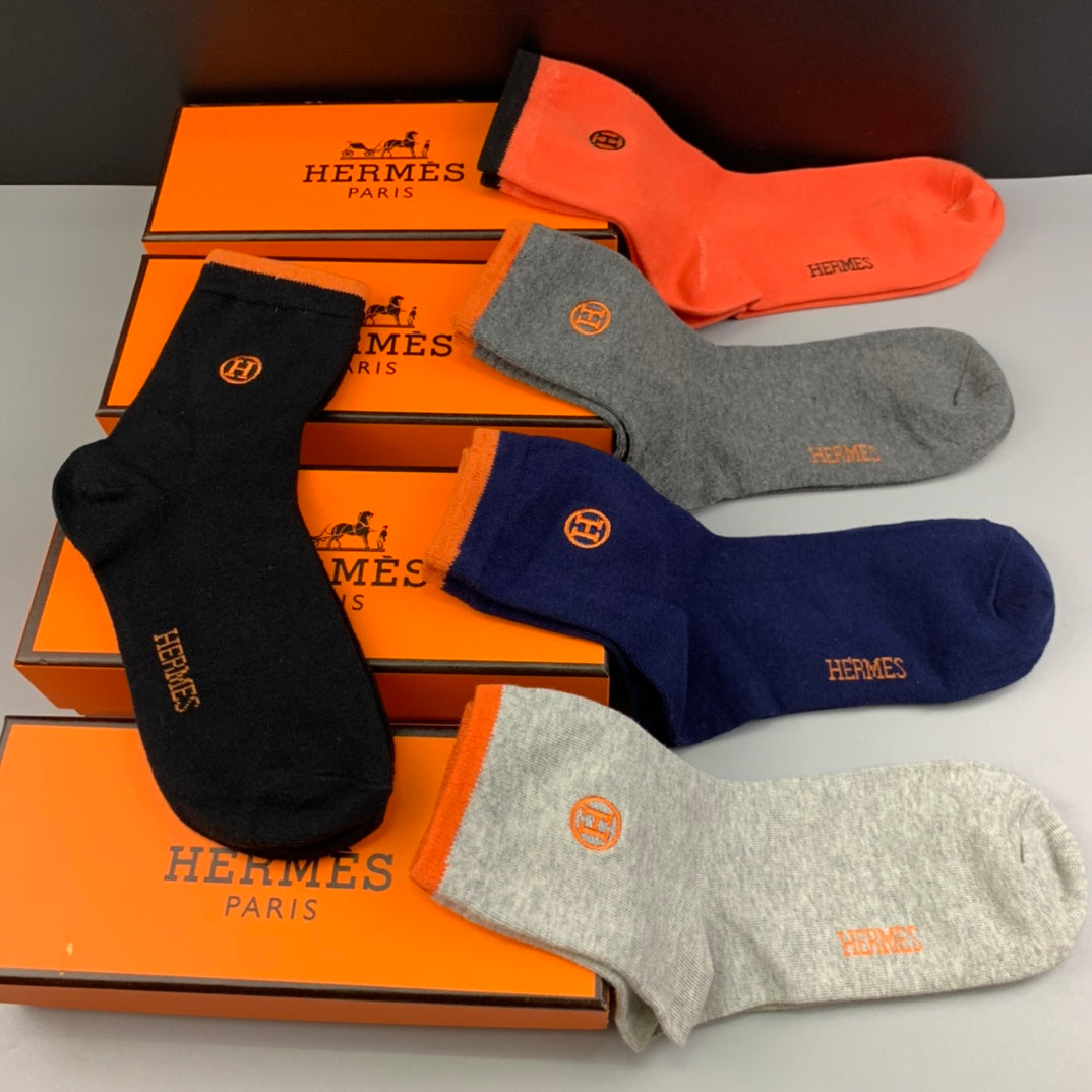 Hermes Cotton Understated Emblem Details Crew Socks - 5-Pair Set