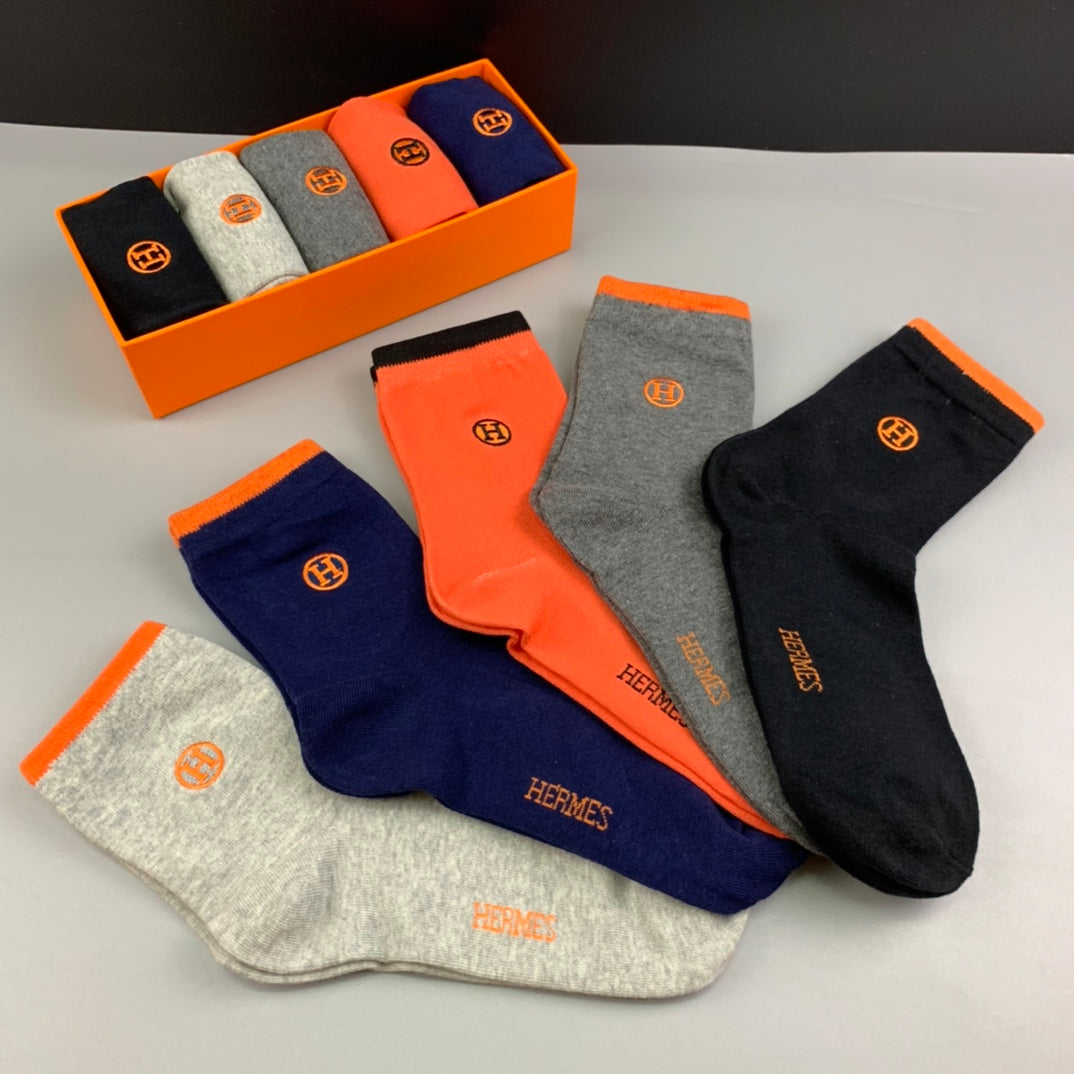 Hermes Cotton Understated Emblem Details Crew Socks - 5-Pair Set