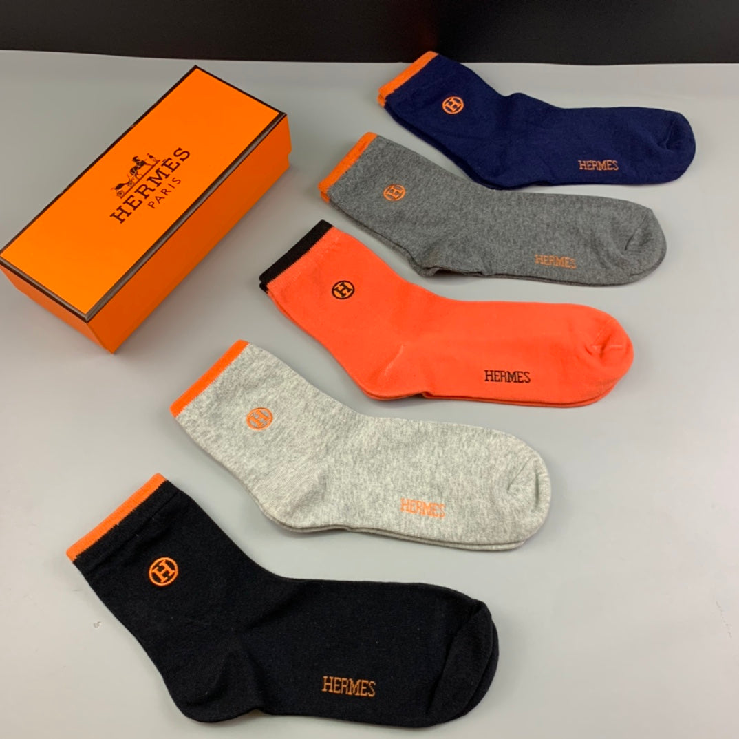 Hermes Cotton Small Embroidered Logo Details Crew Socks - 5-Pair Set