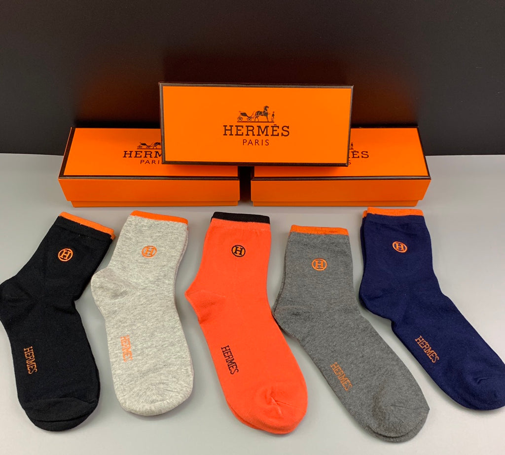 Hermes Cotton Understated Emblem Details Crew Socks - 5-Pair Set