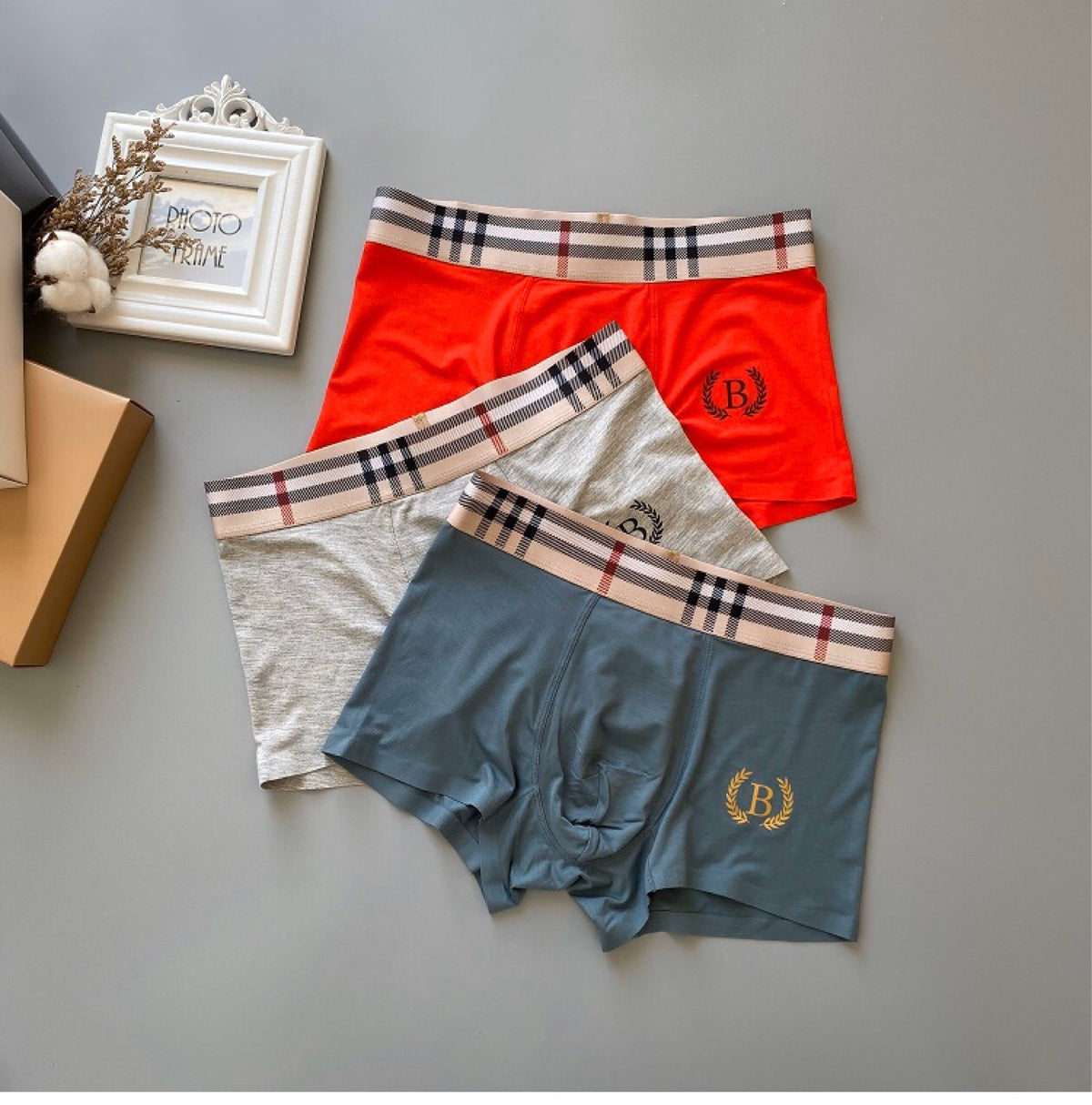 Burberry Check-Inspired Waistbands And Gold-Tone Crest Details Men's Boxer Briefs - 3-Piece Box